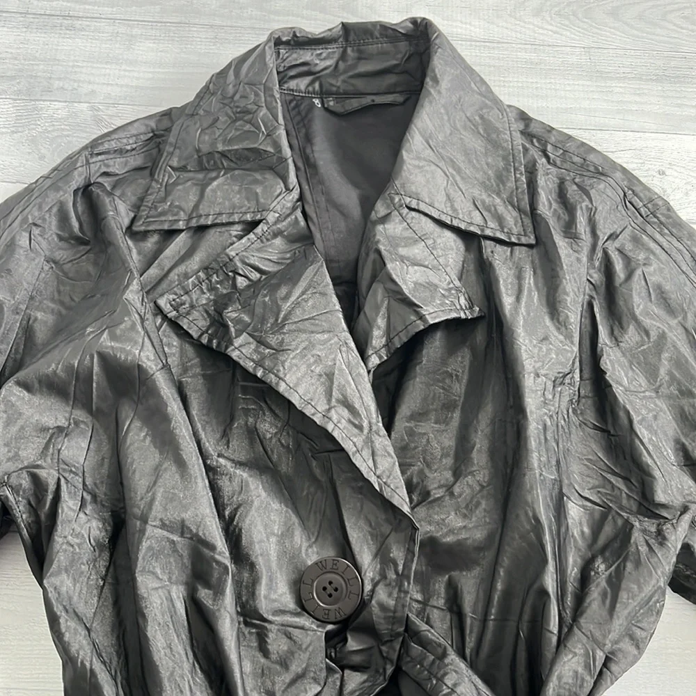 Vintage Weill Black Leather Look Trench Coat Size M - Picture 2 of 6